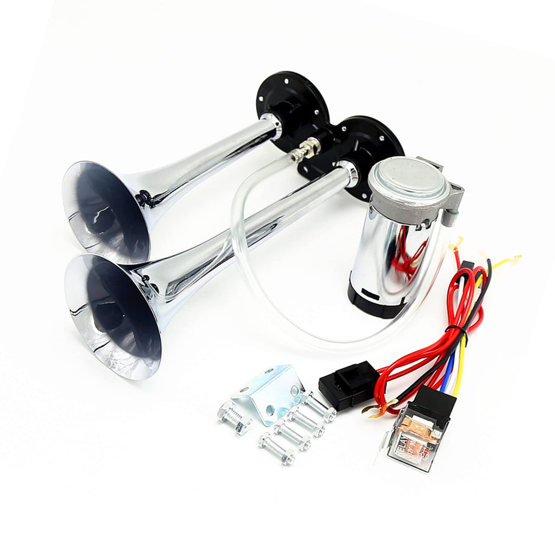 Air Horn Car Horn 12V 150db Truck Horn Chrome Zinc Dual Trumpet Air Horn with Compressor Loudspeaker Silver Super Loud Horn for Any 12V Vehicles Trucks Lorrys Trains Boats Cars Vans ect