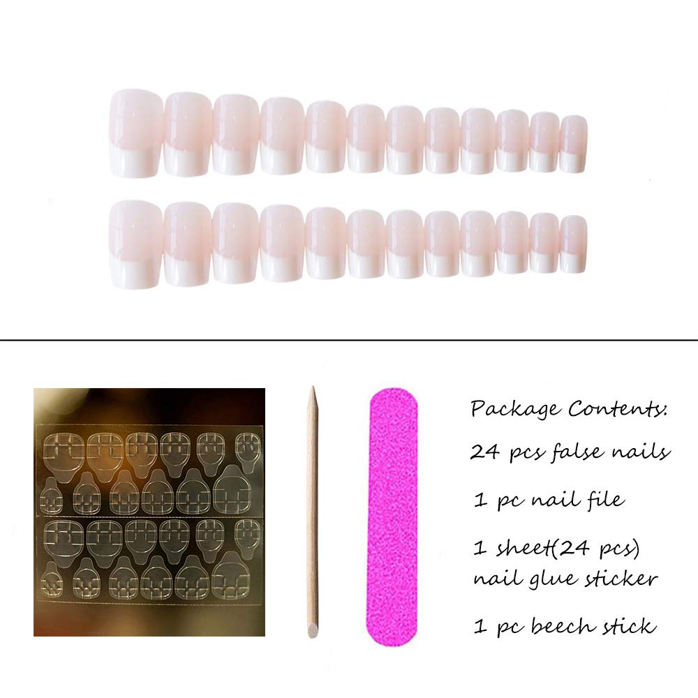 24Pcs French False Nails Simple Pink Nude Glossy Full Cover Artificial Fingernails Medium Square Fake Nails with Glue for Women and Girls (Style 8)