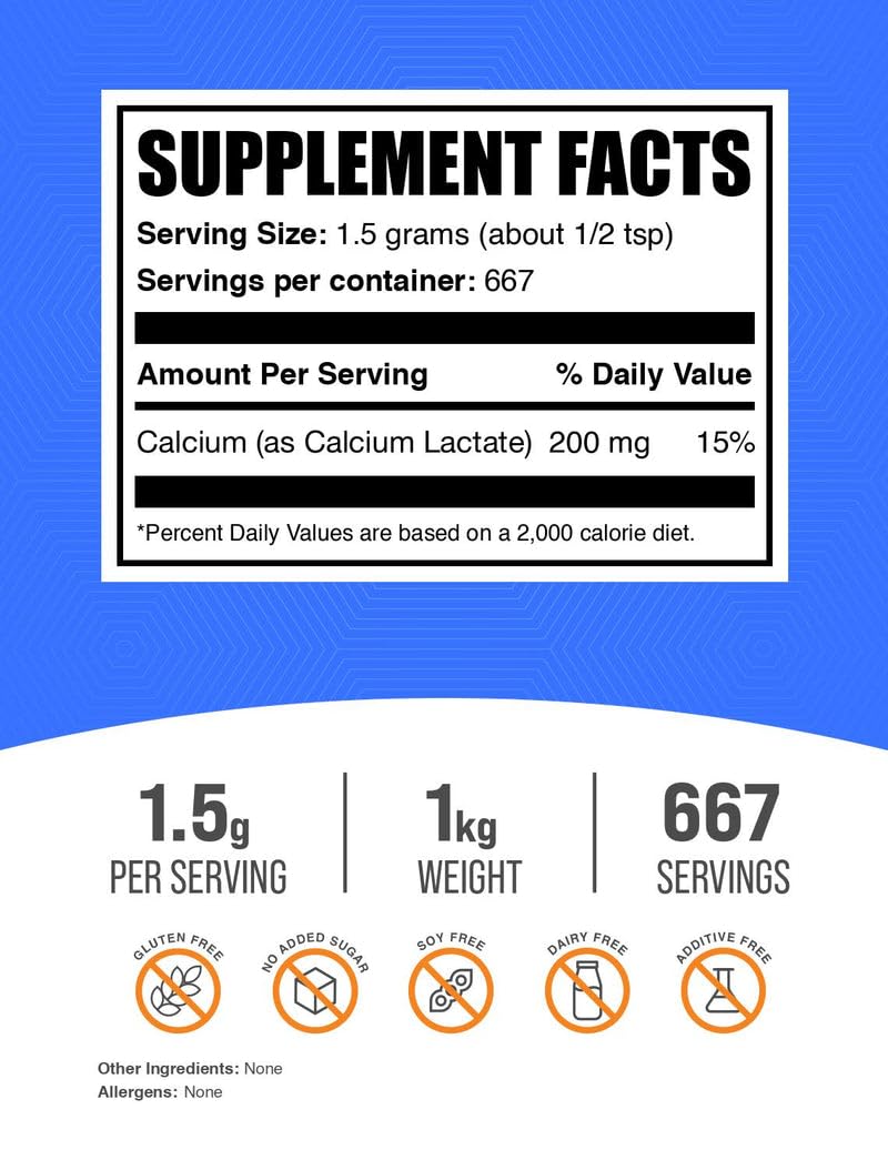 .com Calcium Lactate Powder - Calcium Supplement Powder, Food Grade - Pure & Gluten Free, 1.5g per Serving, 1kg (2.2 lbs) (Pack of 1)