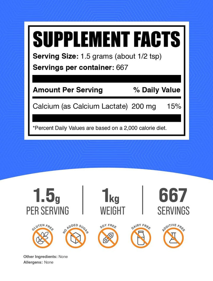 .com Calcium Lactate Powder - Calcium Supplement Powder, Food Grade - Pure & Gluten Free, 1.5g per Serving, 1kg (2.2 lbs) (Pack of 1)