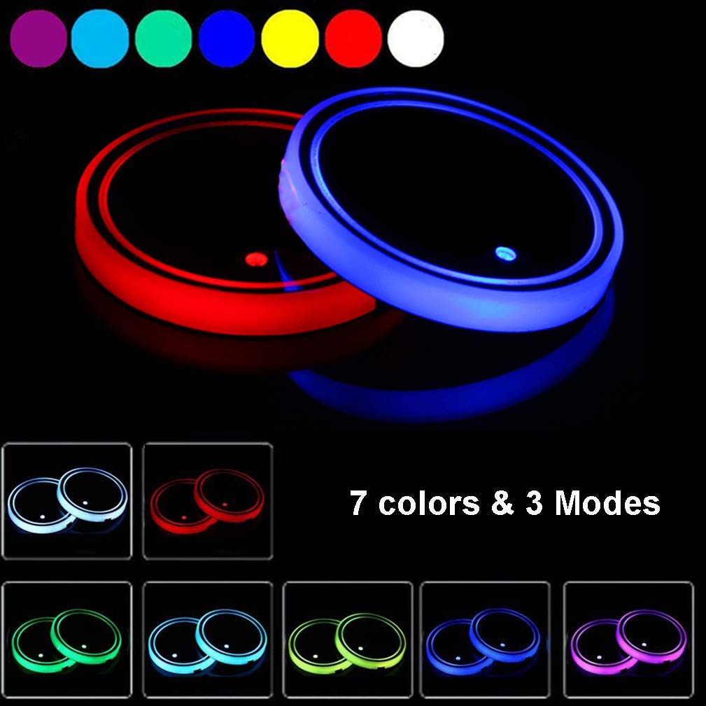 Led Cup Holder Lights, 2 Pieces Car Cup Holder led Lights with 7 Colors USB Charging Mat Cup Pad Coaster Insert LED Interior Atmosphere Lamps