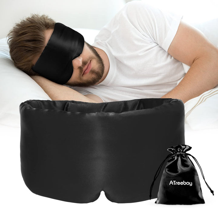 Silk Sleep Mask for Women Men, Mulberry Silk Eye Sleeping Mask & Blindfold with Adjustable Velcro Strap, Blackout Eye Cover for Sleep Travel Yoga Nap, Large Size, Black