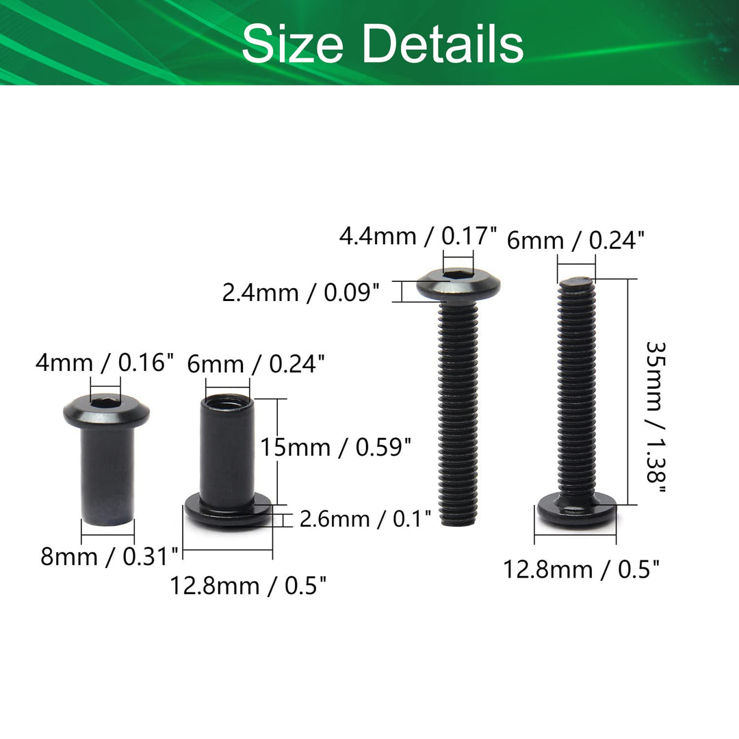 10Pcs Screw Post Fit for 5/16(8mm) Hole Dia, Male M6x35mm Belt Buckle Binding Bolts for Scrapbook Photo Albums Binding and Leather Saddles Purses Belt Repair, Carbon Steel Black Tone