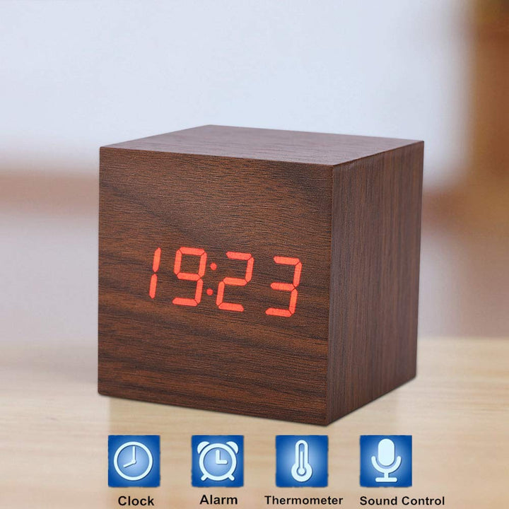 Digital Alarm Clock, LED Clock 3 Levels Brightness Modern Wooden Cube Clock Temperature Display with Voice Control for Bedrooms (Brown)