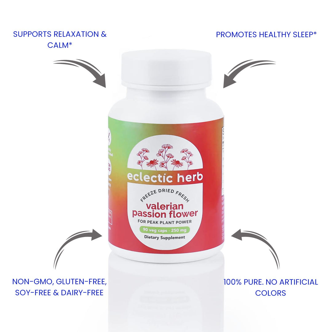 Eclectic Institute Raw Fresh Freeze-Dried, Valerian Passion Flower, 250 mg, 90 Non-GMO Veggie Caps