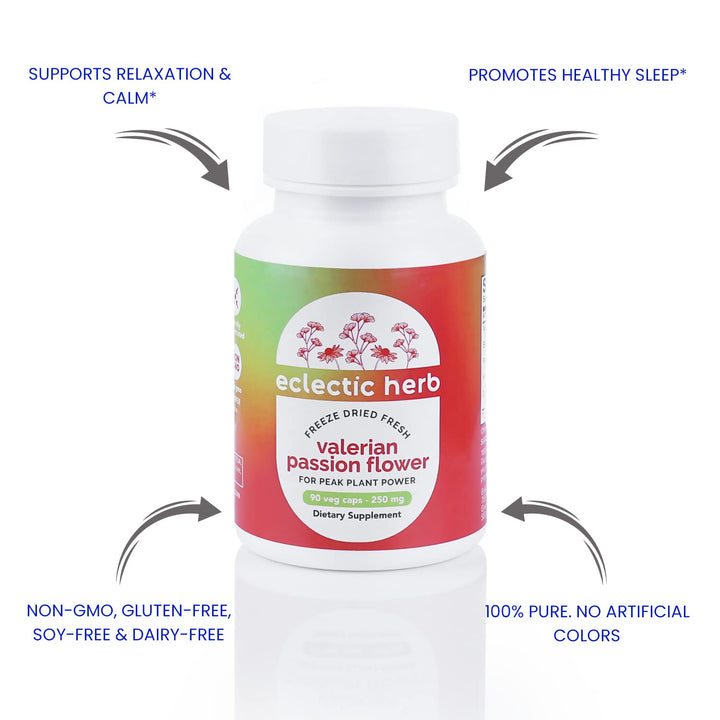 Eclectic Institute Raw Fresh Freeze-Dried, Valerian Passion Flower, 250 mg, 90 Non-GMO Veggie Caps