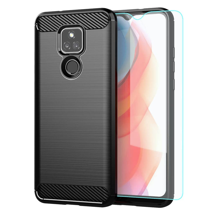 Compatible with Moto G Play 2021 Case,with HD Screen Protector,Shock-Absorption Flexible TPU Bumper Cove Soft Rubber Protective Case for Motorola Moto G Play 2021 (Black Brushed TPU)