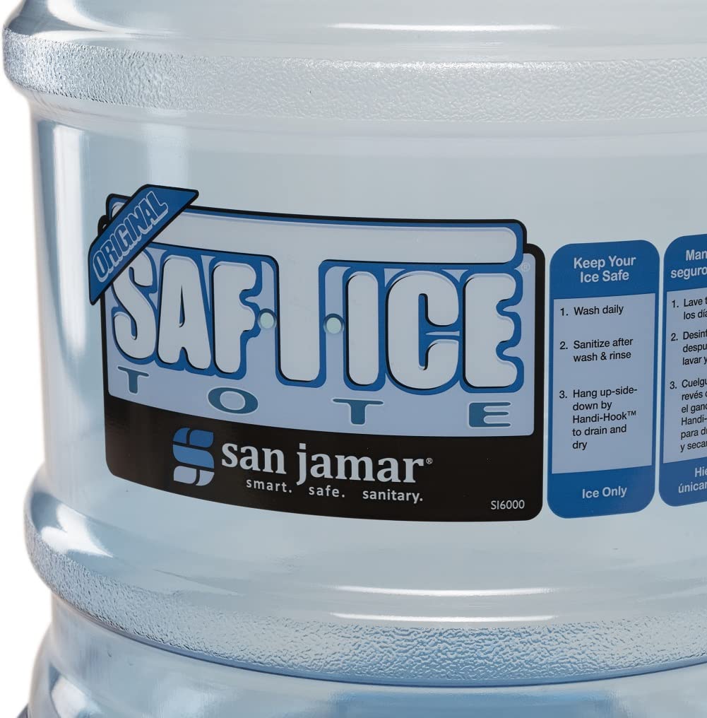 Saf-T-Ice Plastic Ice Tote, Ice Bucket with Drying and Storage Hook for Restaurants, Bars, Catering Events, Buffets, 6 Gallons, Blue