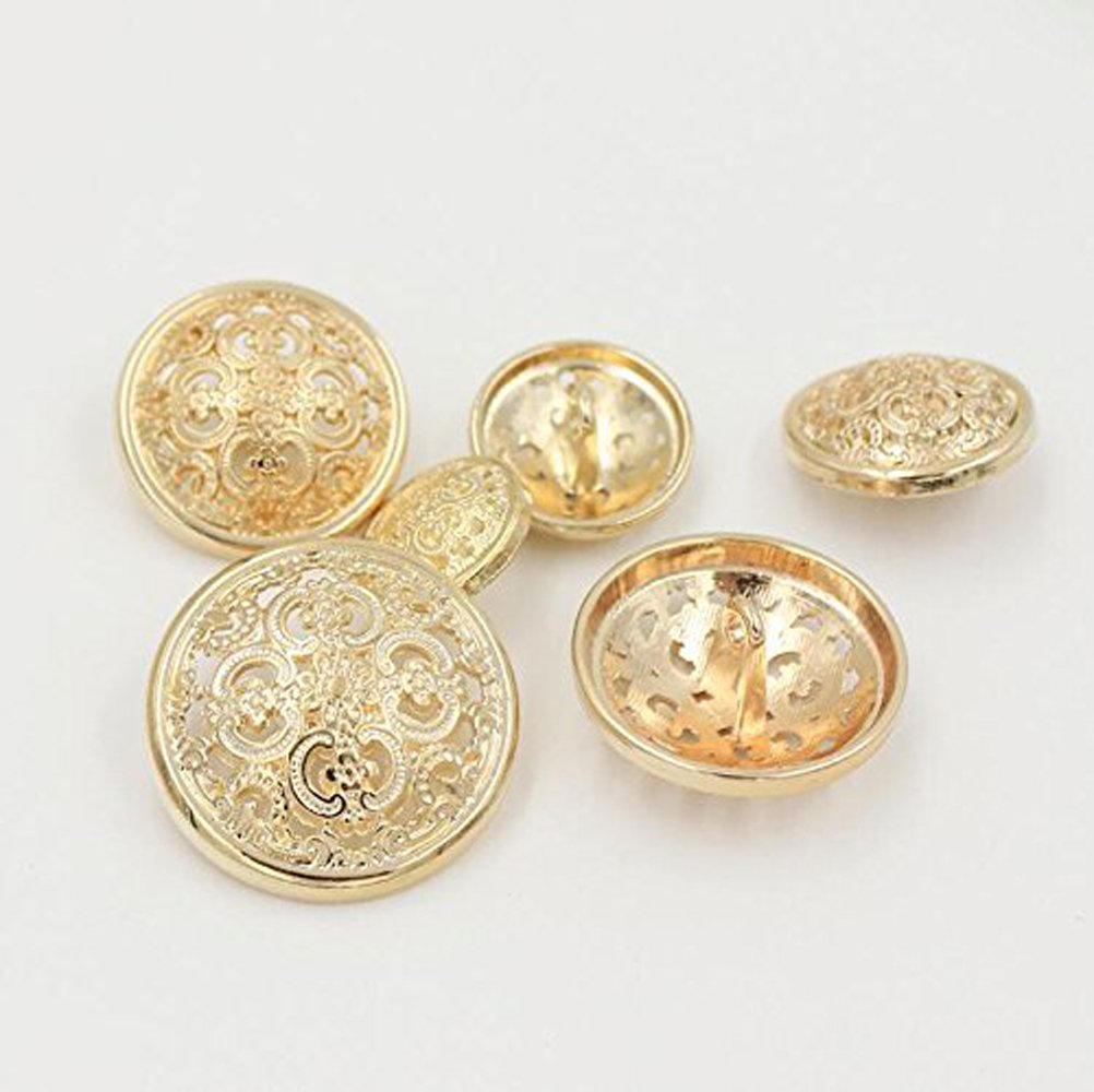10PCS Clothes Button - Retro Hollow Sewing Button Shank Round Shaped Metal Button Set for Men Women Blazer, Coat, Uniform, Shirt, Suit and Jacket (Gold, 15mm)