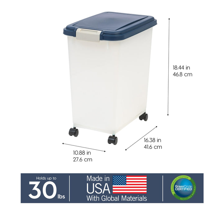 USA Airtight Dog Food Storage Container, Up to 30 lbs, Attachable Wheels, for Dog Cat Bird and other Pet Food Storage Bin, Keep Fresh, Easy Mobility, BPA Free, Navy/Pearl
