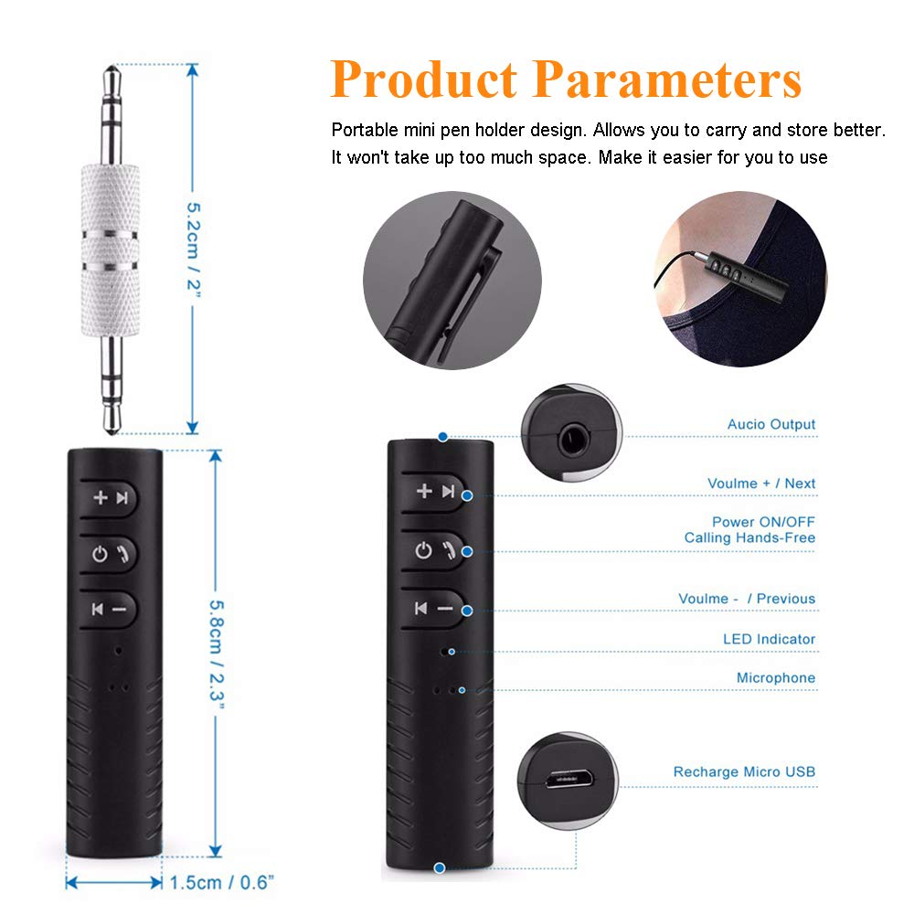 Bluetooth V5.0 Output Audio Receiver, Mini Wireless 3.5mm Jack Aux Adapter Portable for Headphones, Speakers, Car/Home Stereo System(Black)