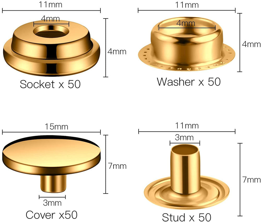 200 Pieces (50 Sets) Leather Snap and Fastener Kit Tool 5/8 inches (15mm) Snaps for Leather Fasteners Kit for Leather Stainless Snaps Button for Bag, Jeans, Clothes, Fabric (Gold)