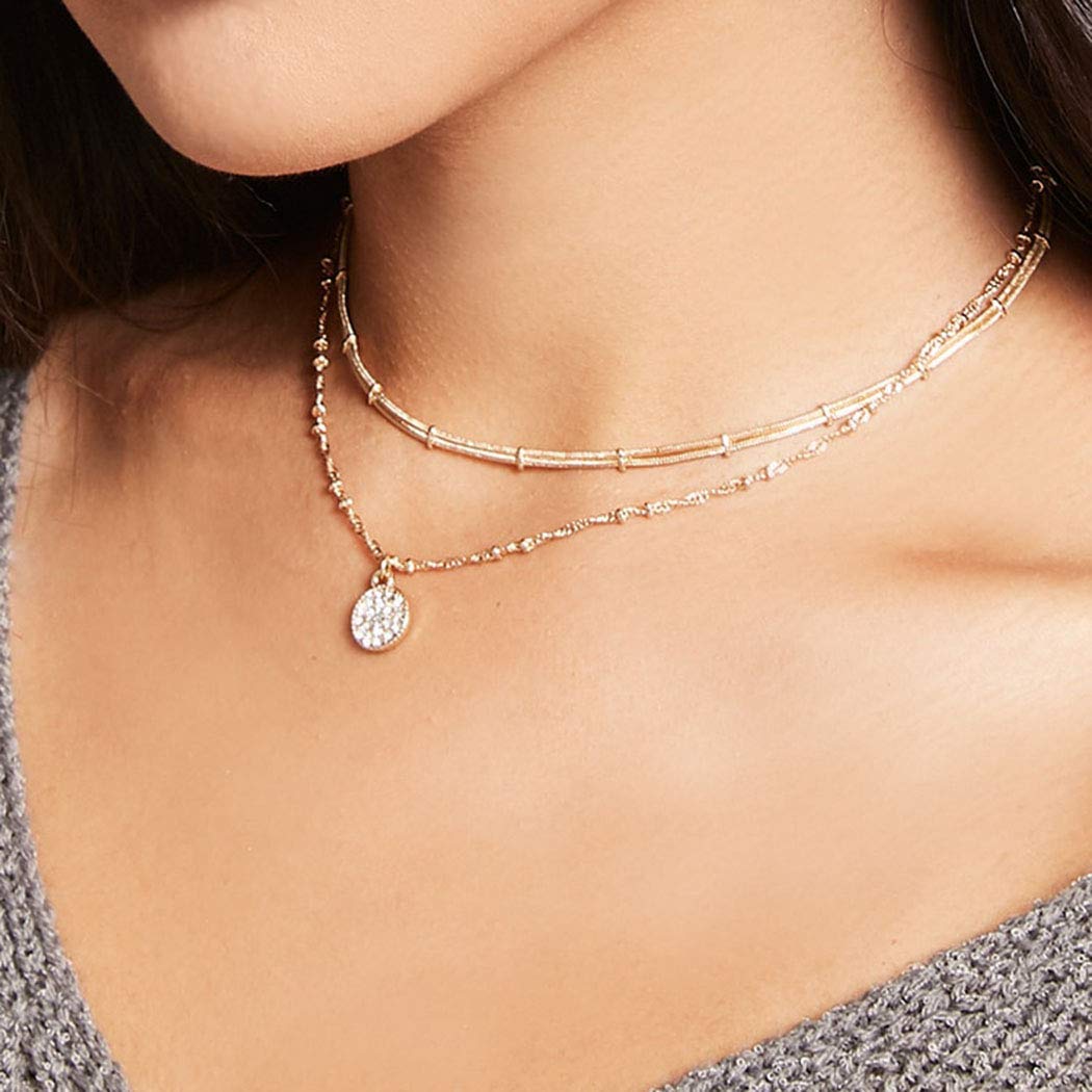 Boho Layered Crystal Pendant Necklace Gold Sparkling Beaded Necklaces Chain Coin Choker Rhinestone Neceklace Jewelry for Women and Girls