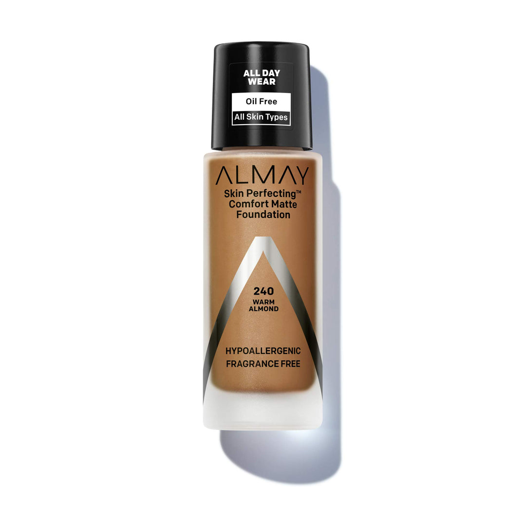 Skin Perfecting Comfort Matte Foundation, Hypoallergenic, Cruelty Free, -Fragrance Free, Dermatologist Tested Liquid Makeup, Warm Almond