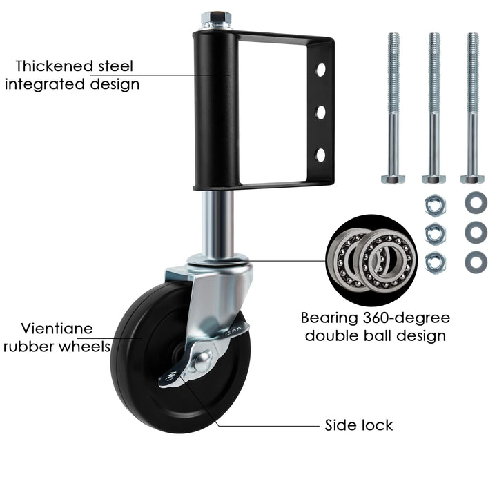 2 Pack Spring Loaded Gate Caster, Heavy Duty Gate Wheels with Universal Mount Plate, Rubber Gate Caster 220 Lbs Capacity, 4 Inches (Black), with Side Lock Brake