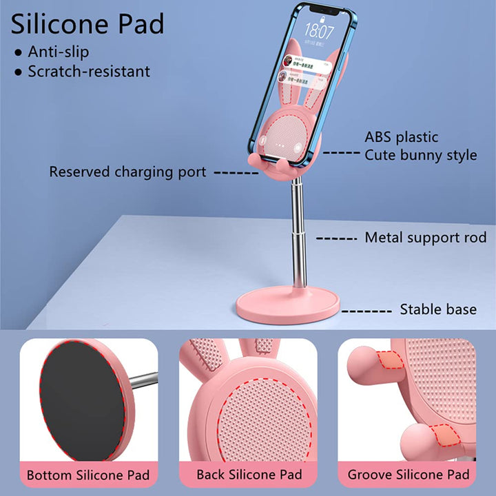 Portable Cell Phone Stand for Desk Cute Bunny Height Angle Adjustable Tablet Phone Desktop Stand Holder Riser Compatible with iPhone, iPad, Tablets, Kindle, Switch, Smartphones (Pink)