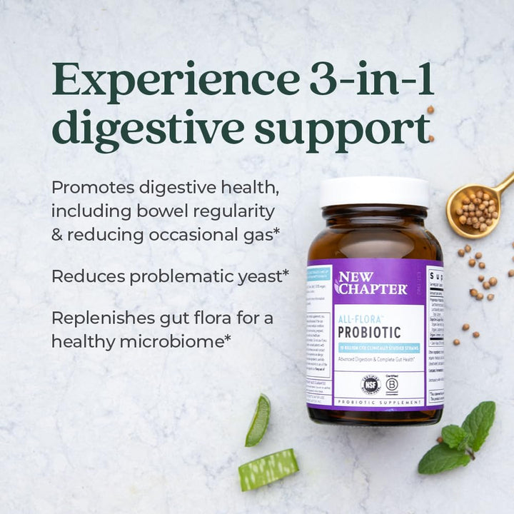 Probiotic All-Flora - 60 ct (2 Month Supply) for Advanced Digestion & Complete Gut Health with Prebiotics + Postbiotics, Clinically Studied Strains, 100% Vegan, Non-GMO, Shelf Stable