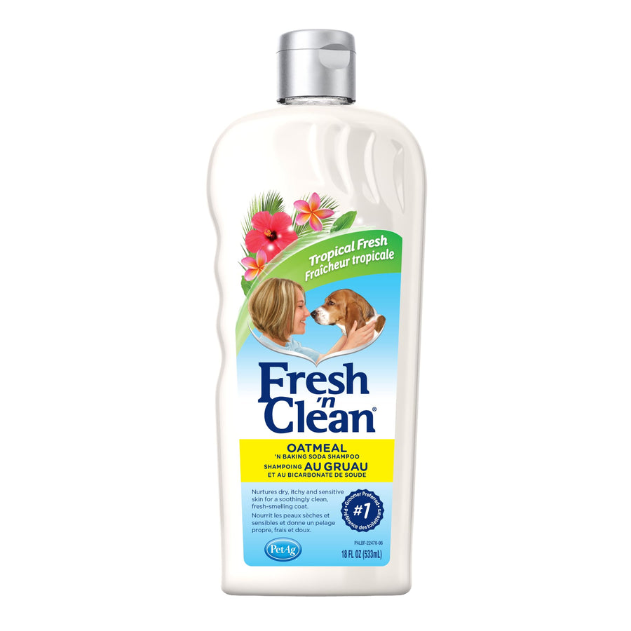 Fresh ’n Clean Oatmeal ’n Baking Soda Shampoo - Tropical Fresh Scent - 18 oz - Nurtures Dry, Itchy & Sensitive Skin with Vitamin E & Aloe - Strengthens & Repairs Coats - Soap Free