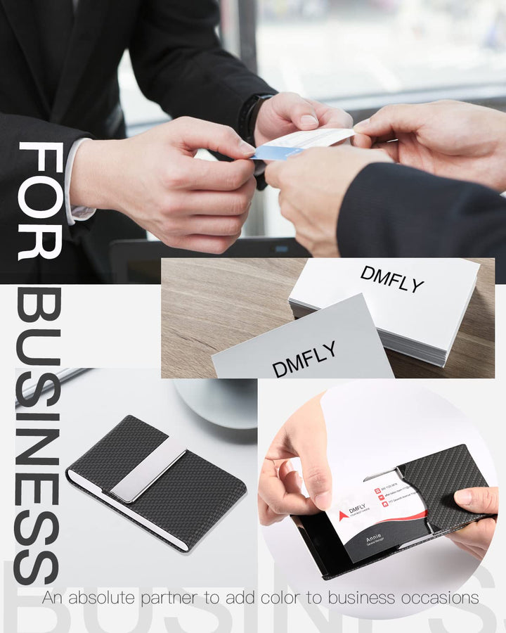 Business Card Holder, Metal Case Pocket, Holder for Women & Men, Professional PU Leather Holders RFID Blocking Name with Magnetic Clasp, Black Carbon