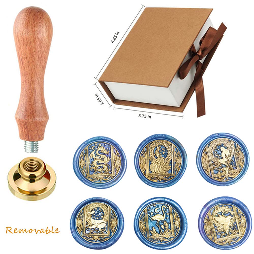 Wax Seal Stamp, Animal Wax Seal Stamp Set with 4 PCS Removable Brass Heads and 1 Wooden Handle, Dragon Mermaid Peacock Swan Wax Seal Stamp Kit for Wedding Invitation Envelopes Decoration