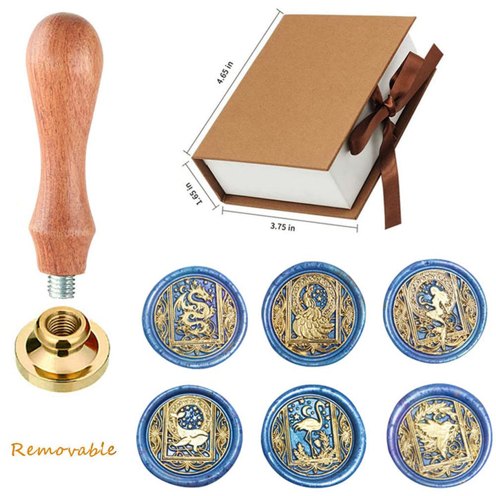 Wax Seal Stamp, Animal Wax Seal Stamp Set with 4 PCS Removable Brass Heads and 1 Wooden Handle, Dragon Mermaid Peacock Swan Wax Seal Stamp Kit for Wedding Invitation Envelopes Decoration