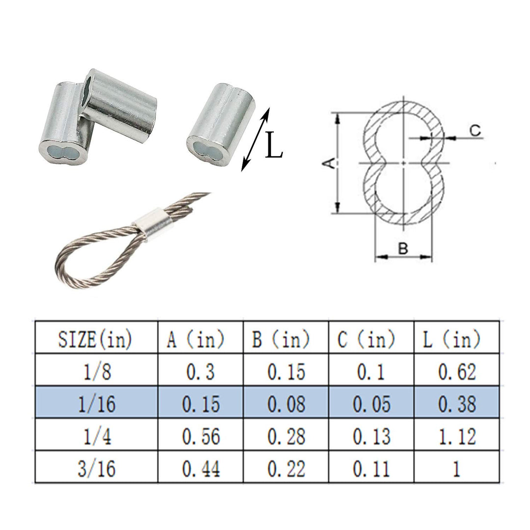 1/16 inch Cable Ferrule 300PCS, Aluminum Crimping Loop Sleeve for Wire Rope and Cable