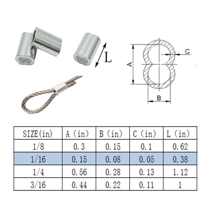 1/16 inch Cable Ferrule 300PCS, Aluminum Crimping Loop Sleeve for Wire Rope and Cable