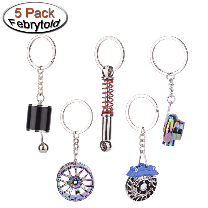 5 Pcs Car Parts Model Key Chains, Colorful Turbo Keychain, Black Manual Gearbox Keychain, Colorful Tire Rim Keychain, Blue Brake Rotor Keychain, Red Spring Shock-absorber Keychain