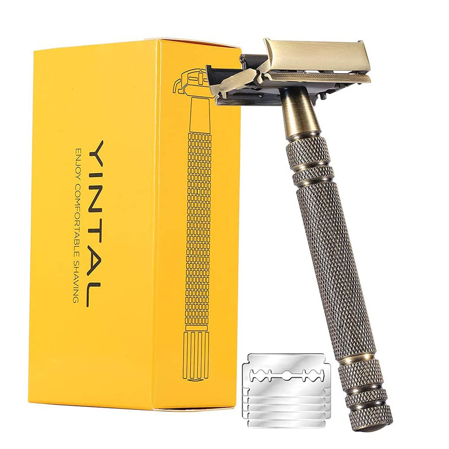 Double Edge Safety Razors,Classic Men Shaving Butterfly Open Razor - Bronze Long Handle Women Razors With 5 Blades,Reusable Metal Brass Manual Shaver Close Comb