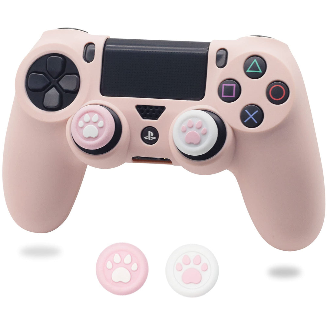 Controller Skin for PS4, Anti-Slip Grip Silicone Cover Protector Case Compatible with PlayStation 4 Slim/PS4 Pro Wireless/Wired Gamepad Controller with 2 Cat Paw Thumb Grip Caps (Sakura Pink)