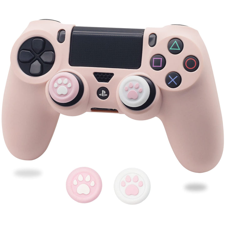 Controller Skin for PS4, Anti-Slip Grip Silicone Cover Protector Case Compatible with PlayStation 4 Slim/PS4 Pro Wireless/Wired Gamepad Controller with 2 Cat Paw Thumb Grip Caps (Sakura Pink)