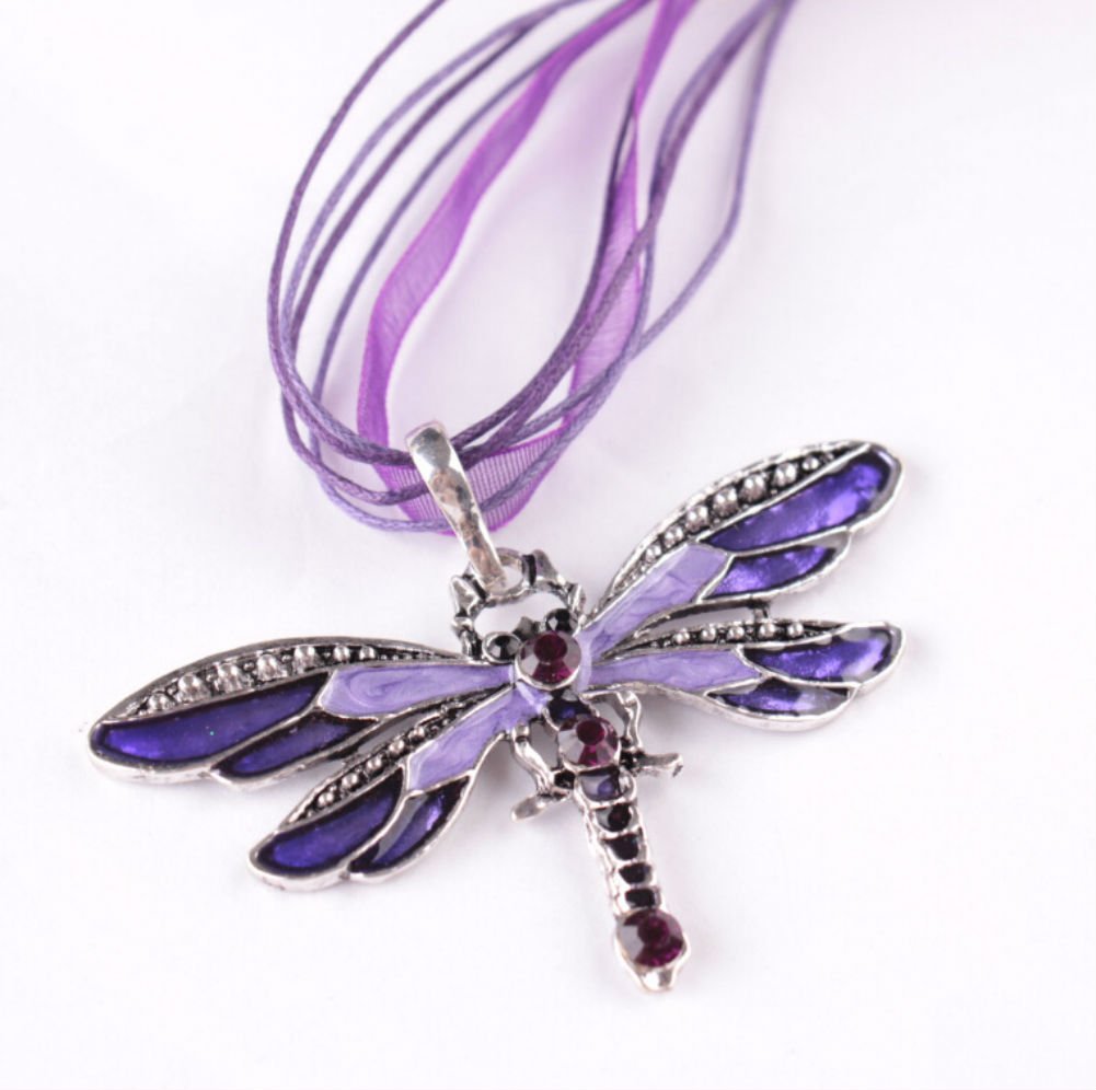 Fashion Creative Bohemian Jewelry Ethnic Multi-layer Chain Colorful Enamel Dragonfly Pendant NecklacePurple