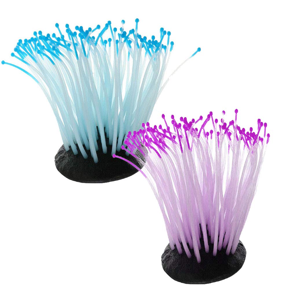 2 PCS Artificial Soft Sea Anemone Coral Plant,Silicone Coral Fish Tank Decorations,Aquarium Ornament,Blue and Purple