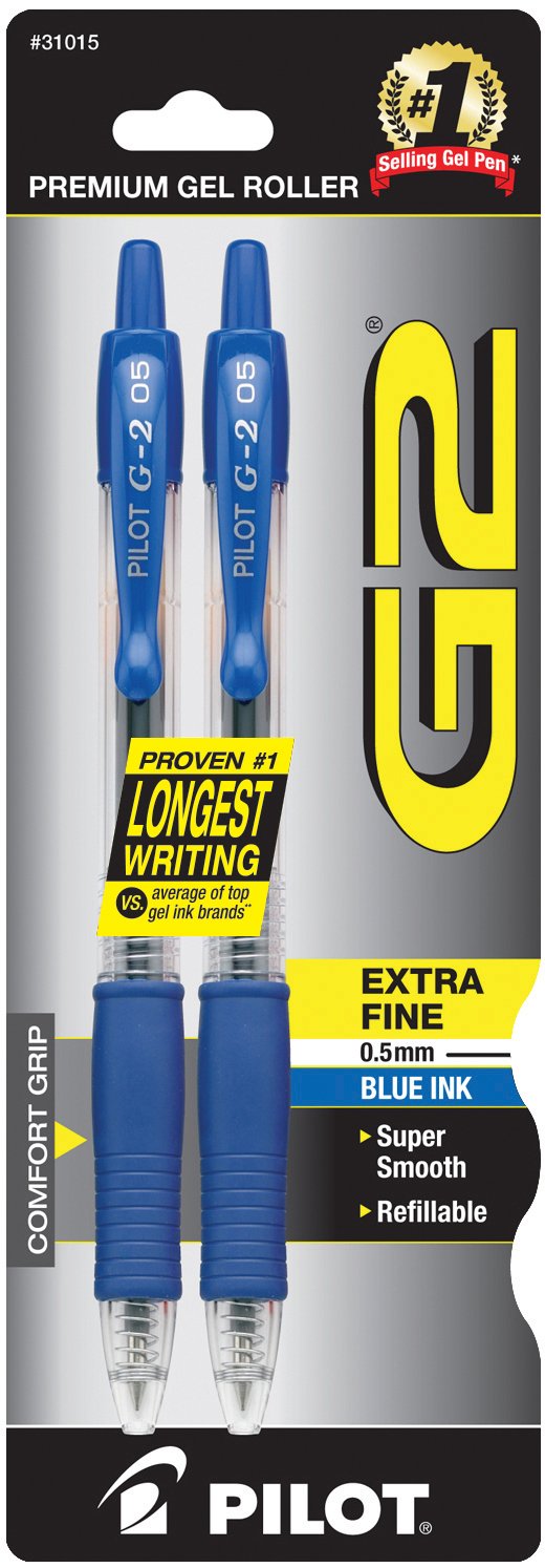 , G2 Premium Gel Roller Pens, Extra Fine Point 0.5 mm, Pack of 2, Blue
