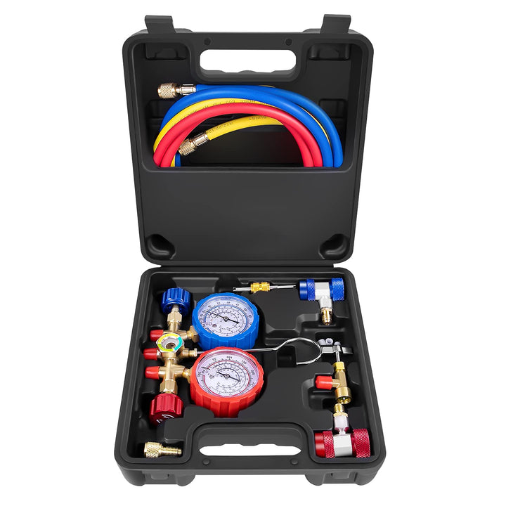3 Way AC Manifold Gauge Set, Fits for R134A R12 R22 and R502 Refrigerants, with 5FT Hose, Acme Tank Adapters, Quick Couplers and Can Tap