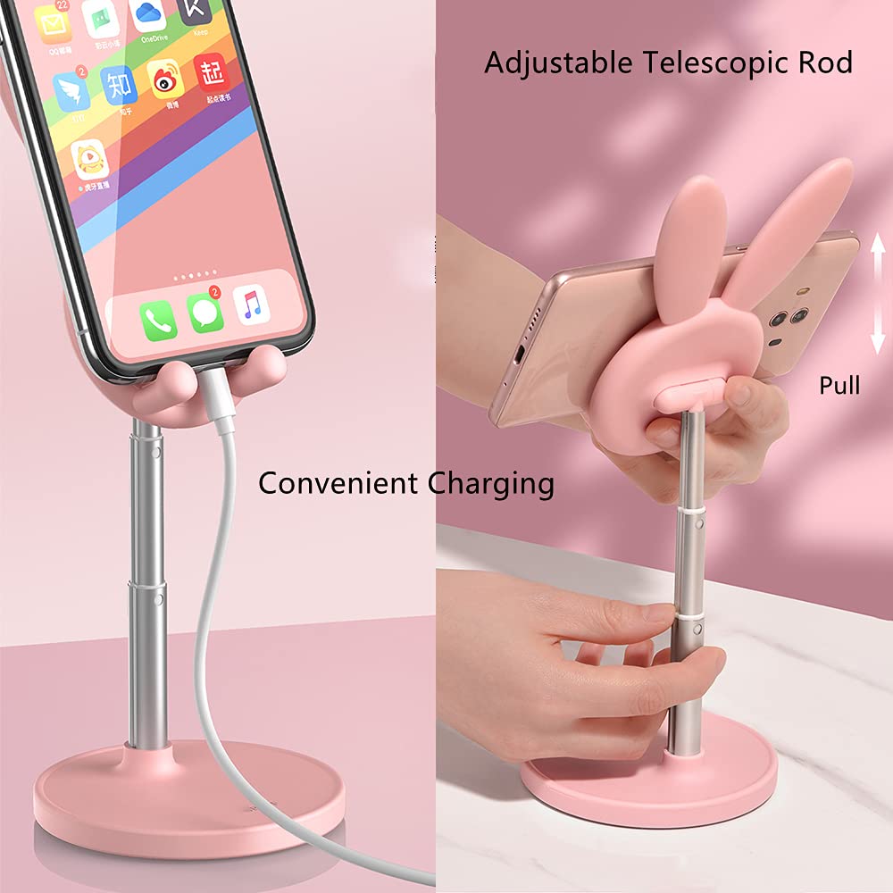 Portable Cell Phone Stand for Desk Cute Bunny Height Angle Adjustable Tablet Phone Desktop Stand Holder Riser Compatible with iPhone, iPad, Tablets, Kindle, Switch, Smartphones (Pink)