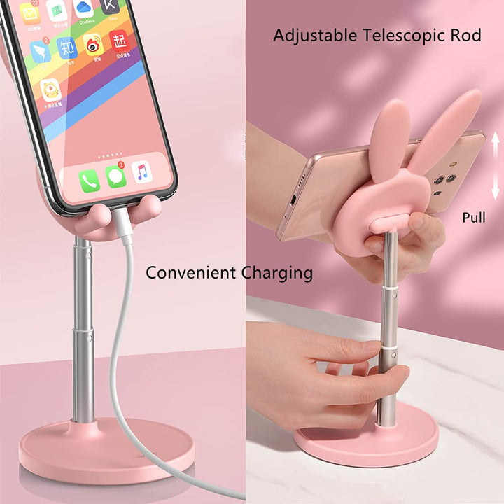 Portable Cell Phone Stand for Desk Cute Bunny Height Angle Adjustable Tablet Phone Desktop Stand Holder Riser Compatible with iPhone, iPad, Tablets, Kindle, Switch, Smartphones (Pink)