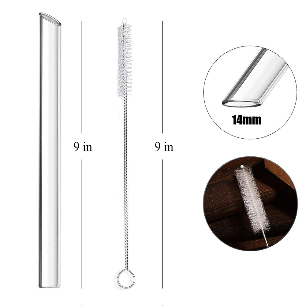 Reusable Glass Boba Straws, 14mm Extra Wide Clear Smoothie Straws for Bubble Tea, Pack of 4 with 1 Case and 2 Brush