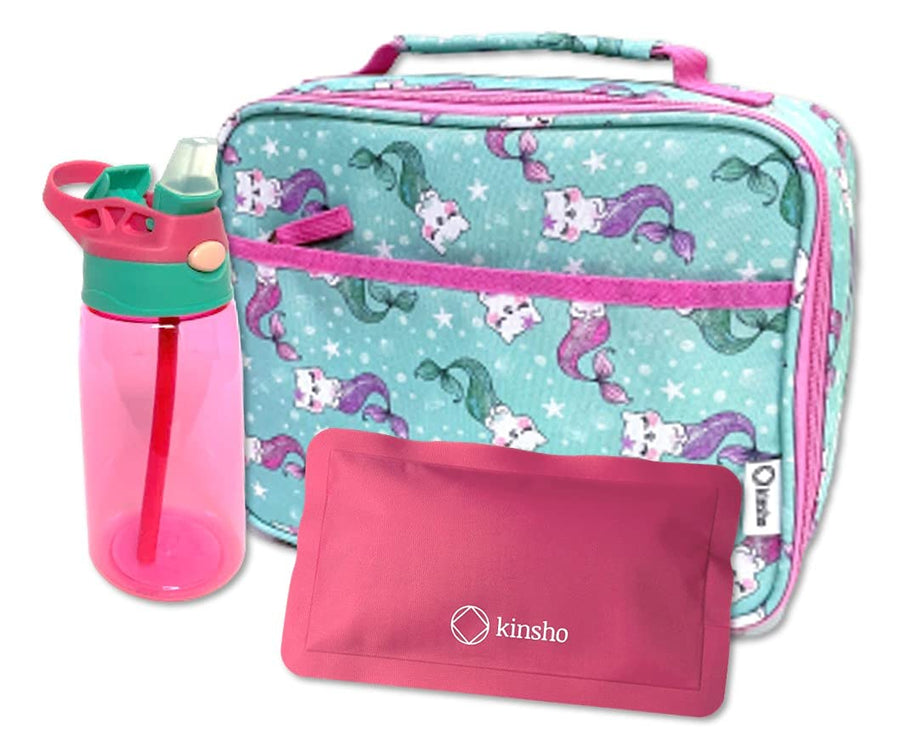 Lunch Bag for Girls with Water Bottle and Ice Pack, Cute Lunch-Box for Toddler Daycare Pre-School, Kids Container for Lunches Snacks Removable Tray, Aqua Pink Cat Mermaid