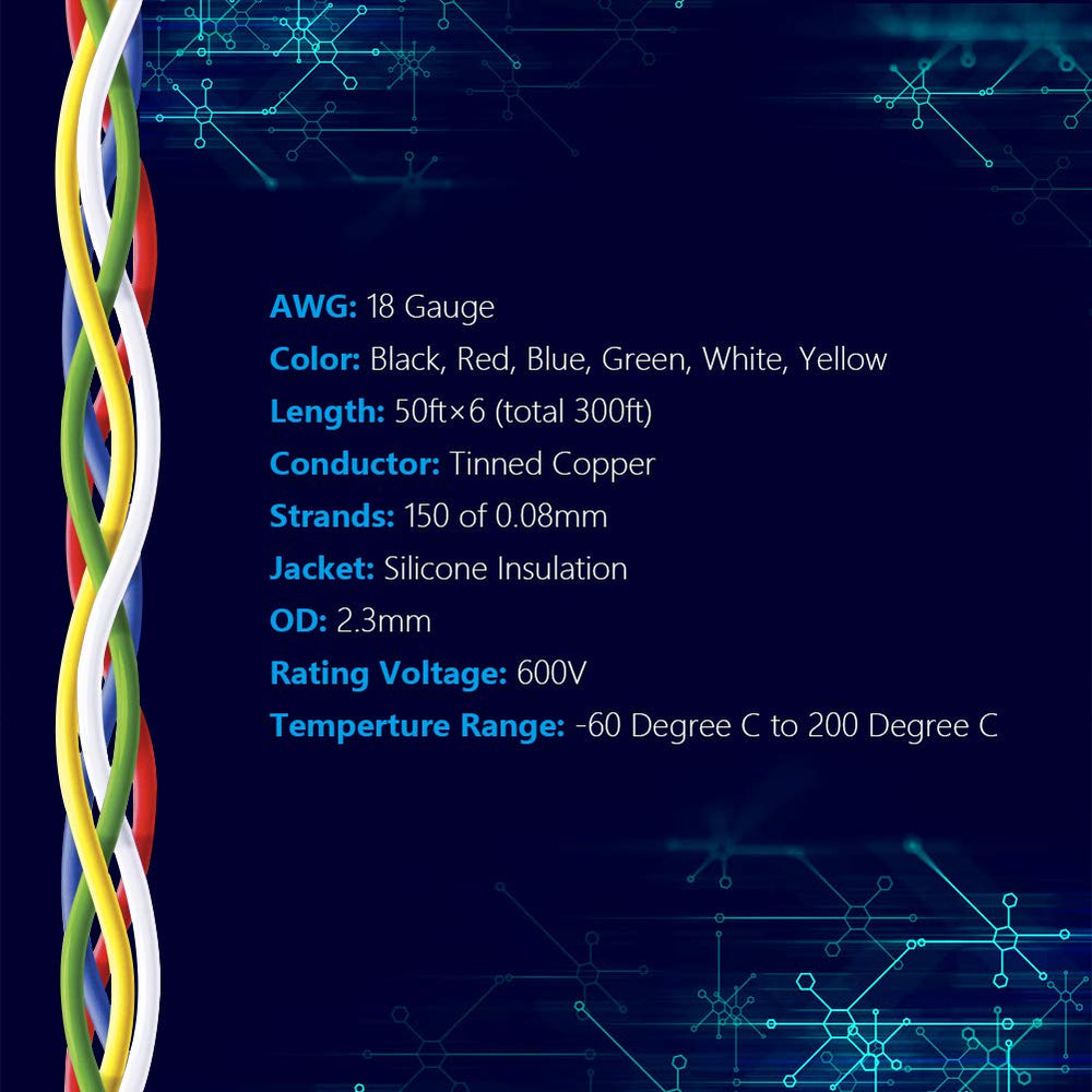 18 AWG Stranded Wire Spool 50ft Each 6 Colors Flexible 18 Gauge Silicone Hook up Wire Kit Electrical Tinned Copper Wire
