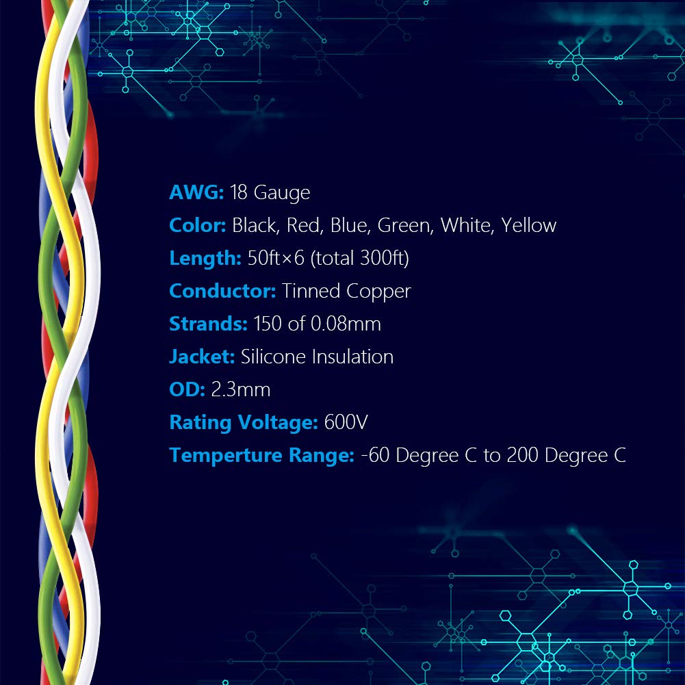 18 AWG Stranded Wire Spool 50ft Each 6 Colors Flexible 18 Gauge Silicone Hook up Wire Kit Electrical Tinned Copper Wire