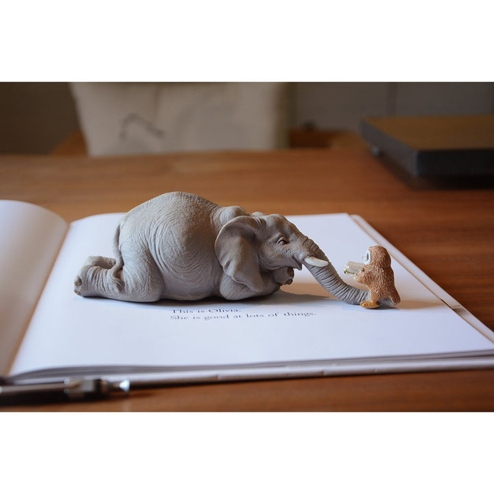 Miniature Garden Elephant Reading Book with Owl, Gray