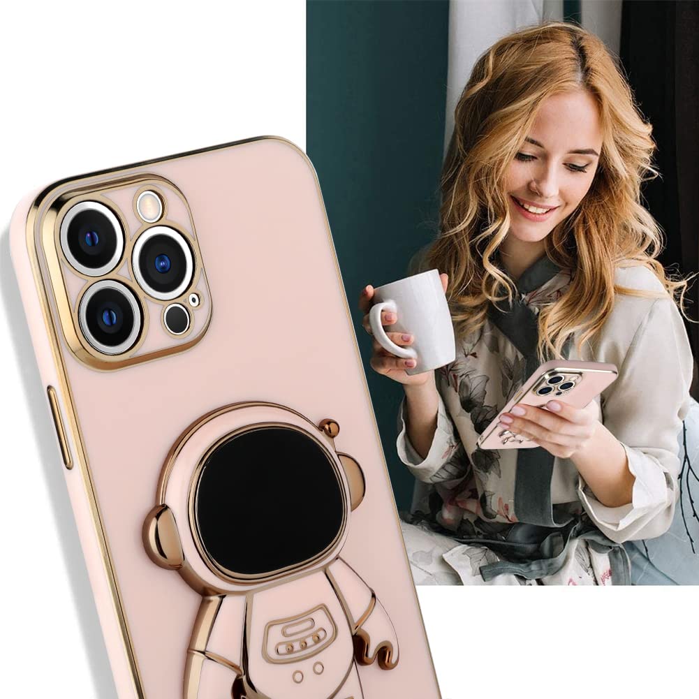 6D Plating Astronaut Hidden Stand Case Cover for iPhone 13 Pro Max Women Astronaut Folding Bracket Kickstand iPhone Case with Camera Protector Soft TPU Shockproof Bumper 6.7 Inch - Pink
