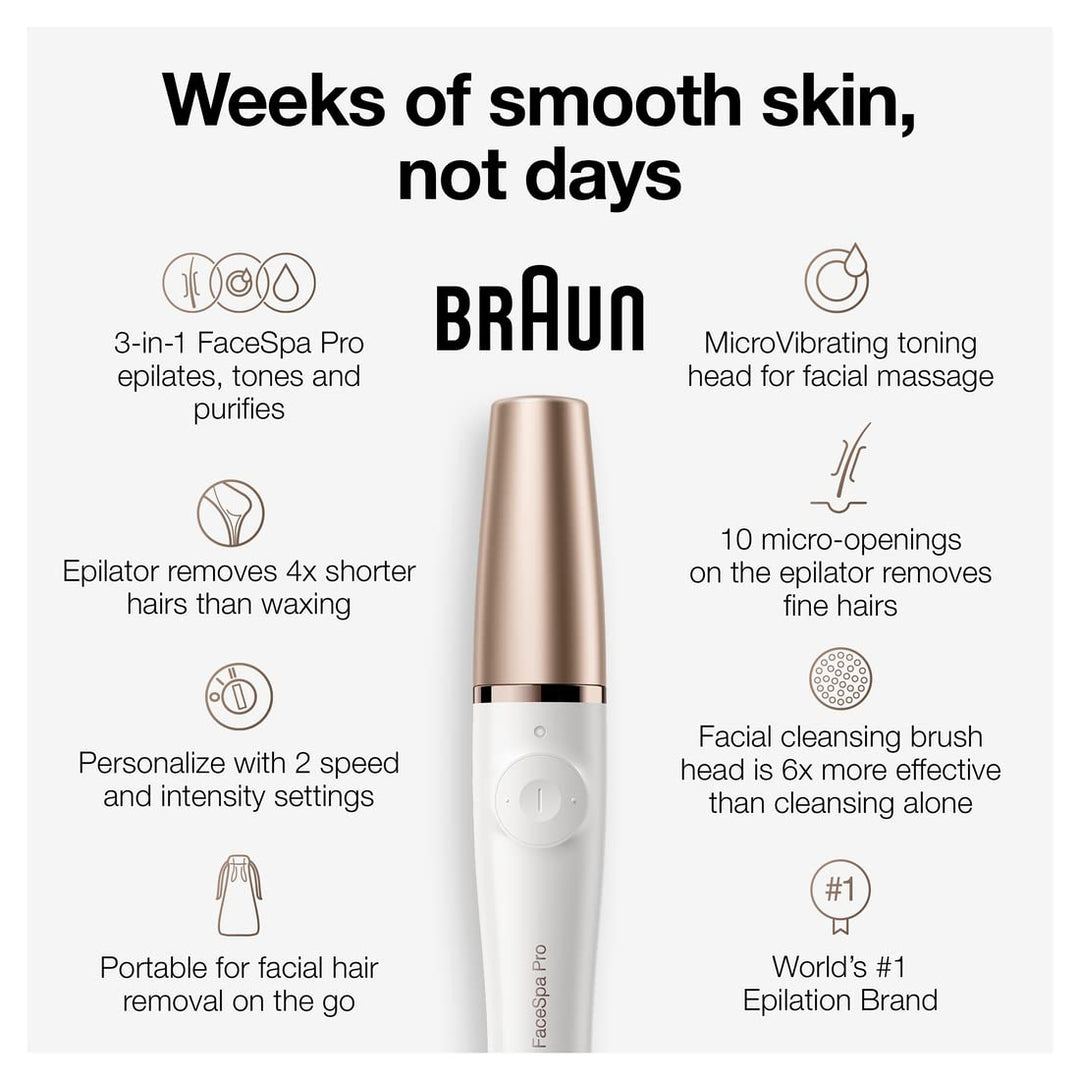 Face Epilator Facespa Pro 911, Facial Hair Removal for Women, Hair Removal Device, 3-in-1 Epilating, Cleansing Brush and Skin Toning with 3 extras