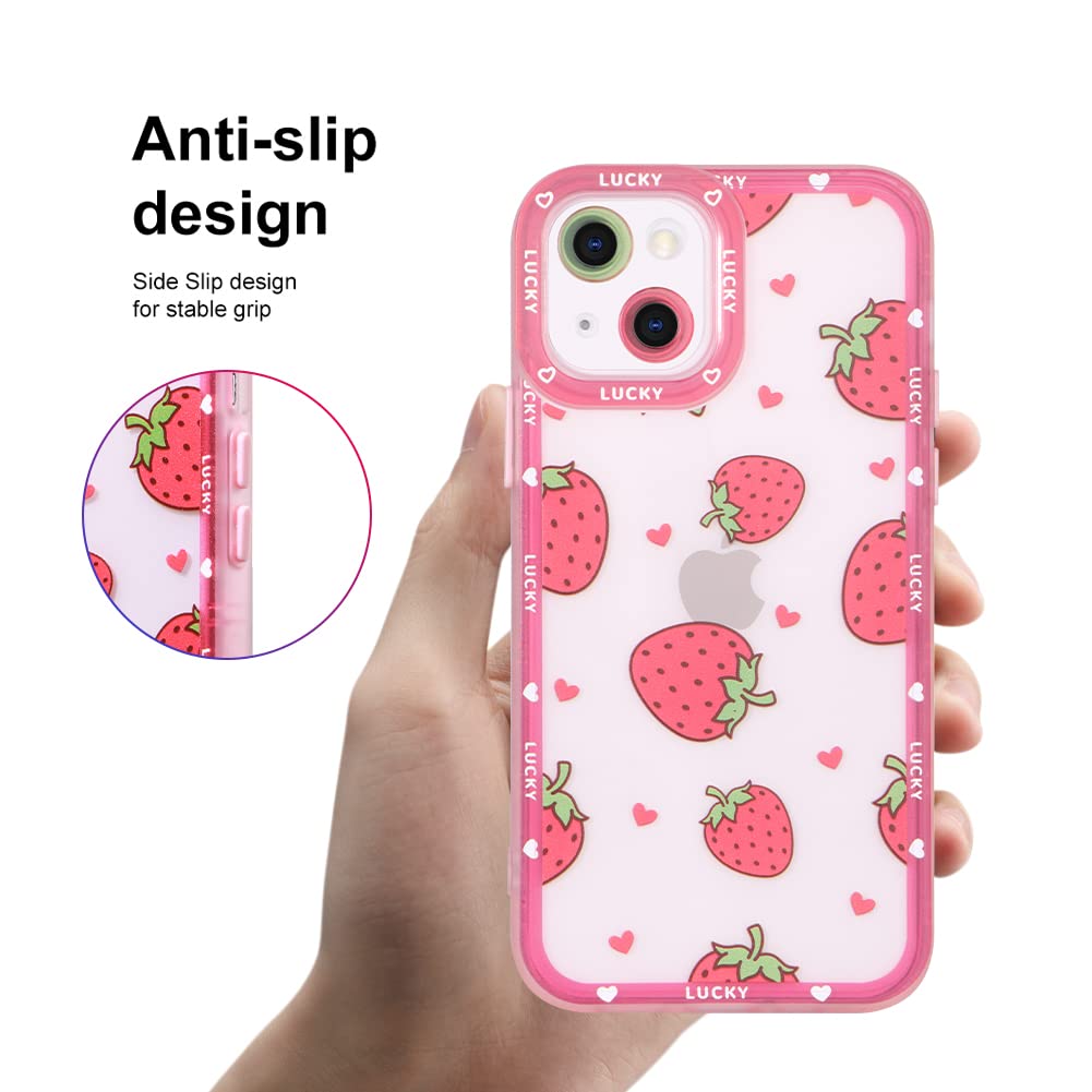 Compatible with iPhone 13 Case Pink Strawberry Cute Pattern Soft TPU Case for Girls Women + 1* Screen Protector, Camera Hole Protective Phone Case