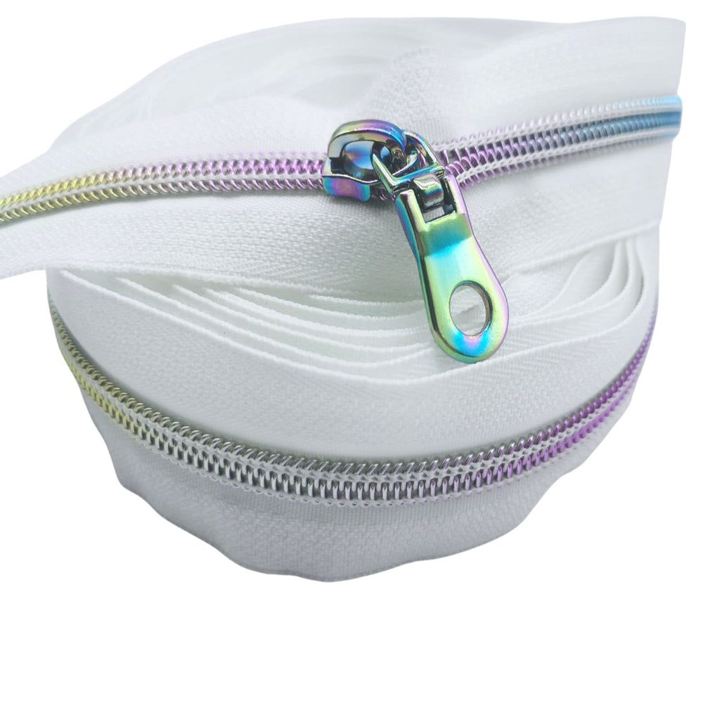 B.Y Elements #5 Zippers by The Yard, Nylon Coil Long Zipper, Rainbow Zipper Tape 5 Yards with 10PCS Donut Rainbow Zipper Pulls for DIY Sewing Tailor Craft Bags(White Rainbow)