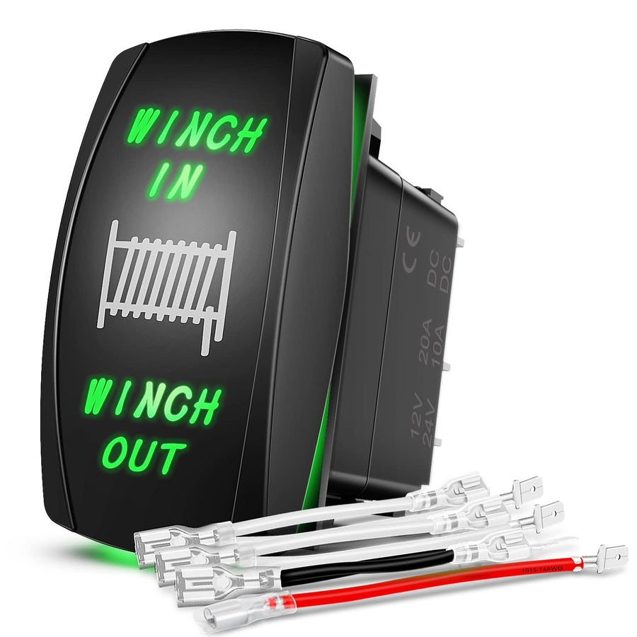 Winch Rocker Switch Momentary Toggle Switch ON Off ON Switch DPDT 7Pin 12V 24V Switch Jumper Wires Winch in Out Switch Green for Cars Trucks Caravans Boats