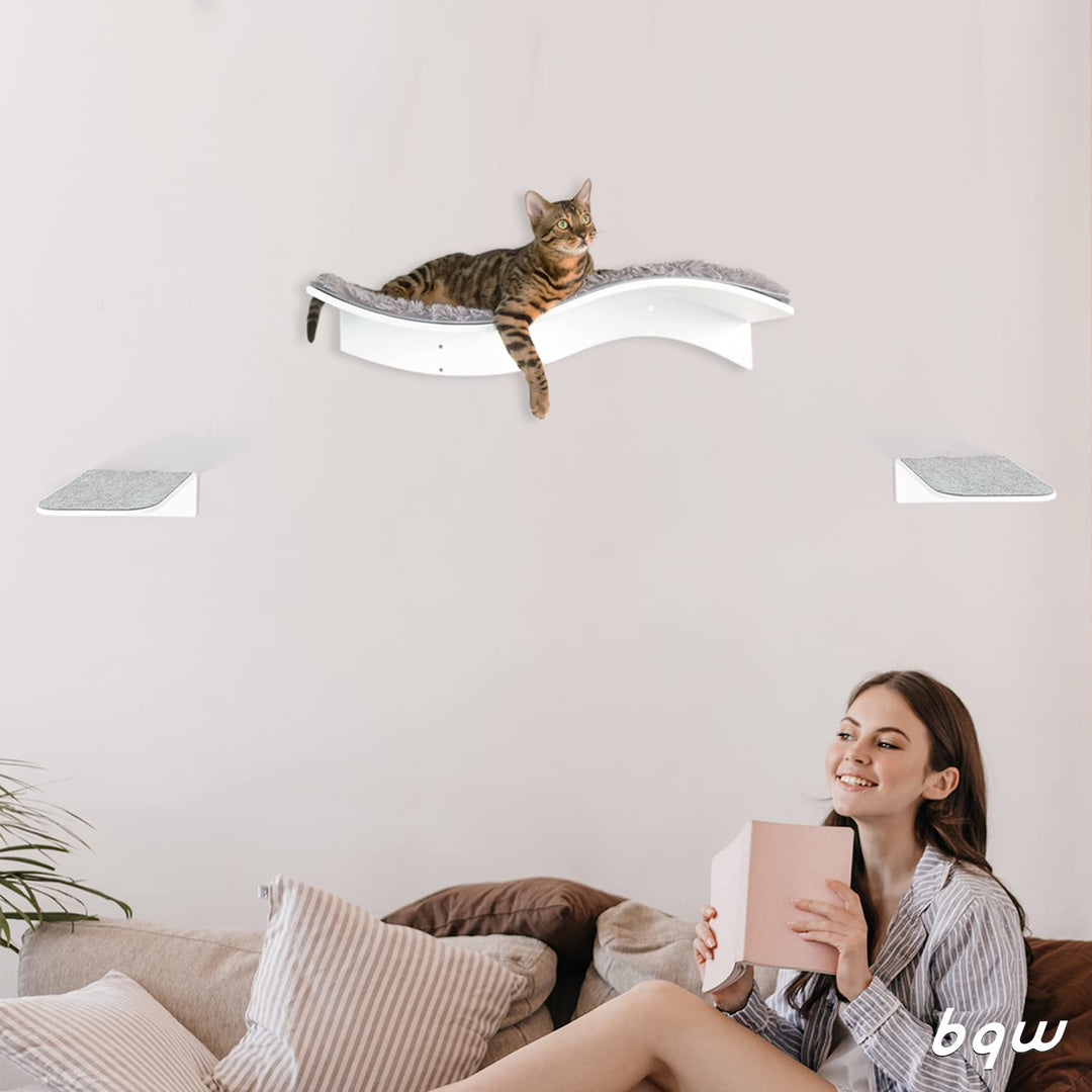 Cat Shelf Wall Mounted Floating Cat Shelf Bed Furniture Climbing Wall for Cat Perching Sleeping Lounging with 2 Steps (Waved)