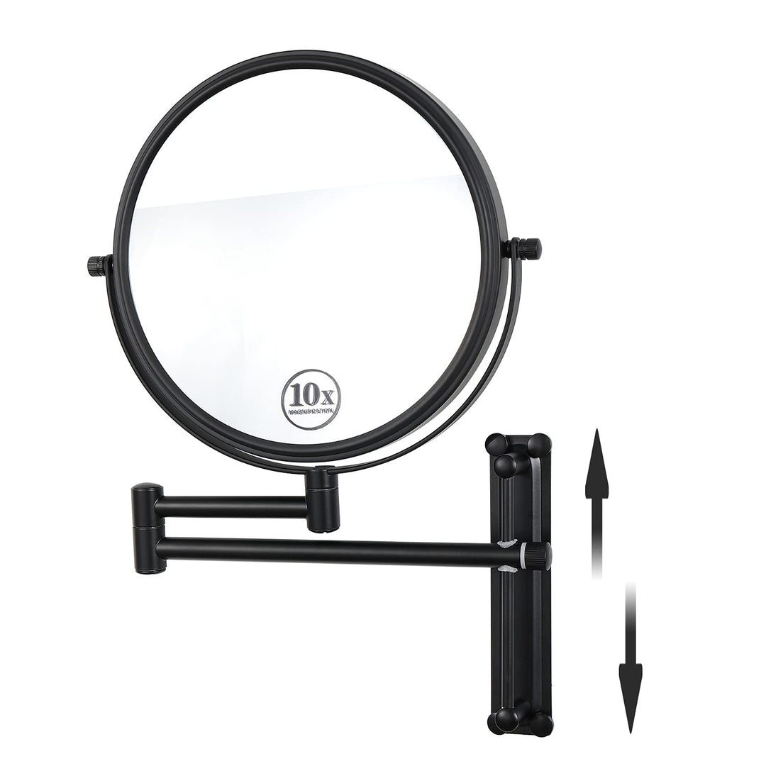 Wall Mounted Makeup Mirror, 10X Magnifying Mirror 8 Height Adjustable Wall Mirror, 360° Extendable Arm Double Sided Vanity Mirror for Bathroom or Bedroom, Black Bathroom Mirror