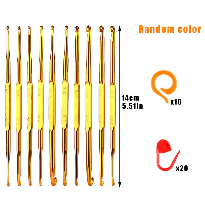 Crochet Needle Set, Include 10 PCS Small Double End Golden Aluminum Crochet Hooks Sweater Yarn Knitting Needles, 10 PCS Knitting Crochet Markers Ring, 10 PCS Knitting Stitch Markers for Craft